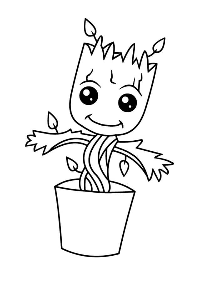 Dibujo de Groot Pequeo Sonriendo en Florero para Colorear