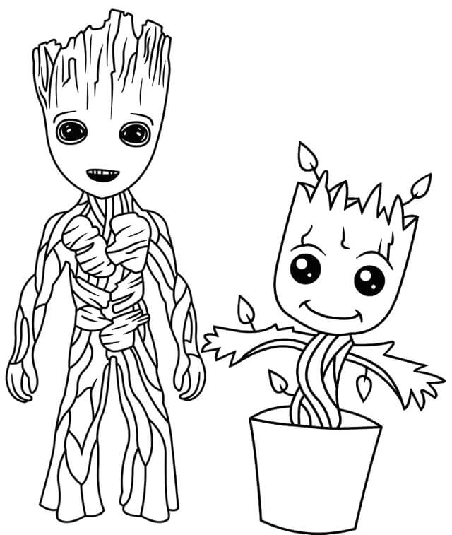 Dibujo de Groot Pequeo y Groot Pequeo en Florero para Colorear