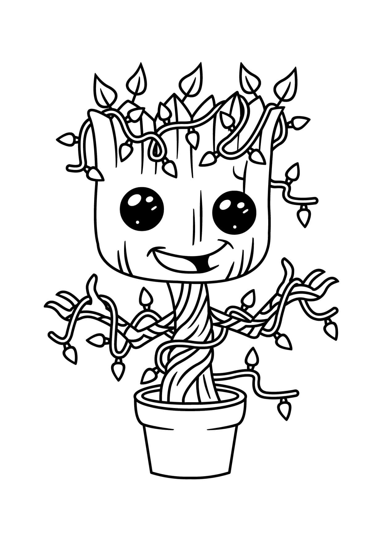 Dibujo de Pequeo Groot Divertido en Florero para Colorear