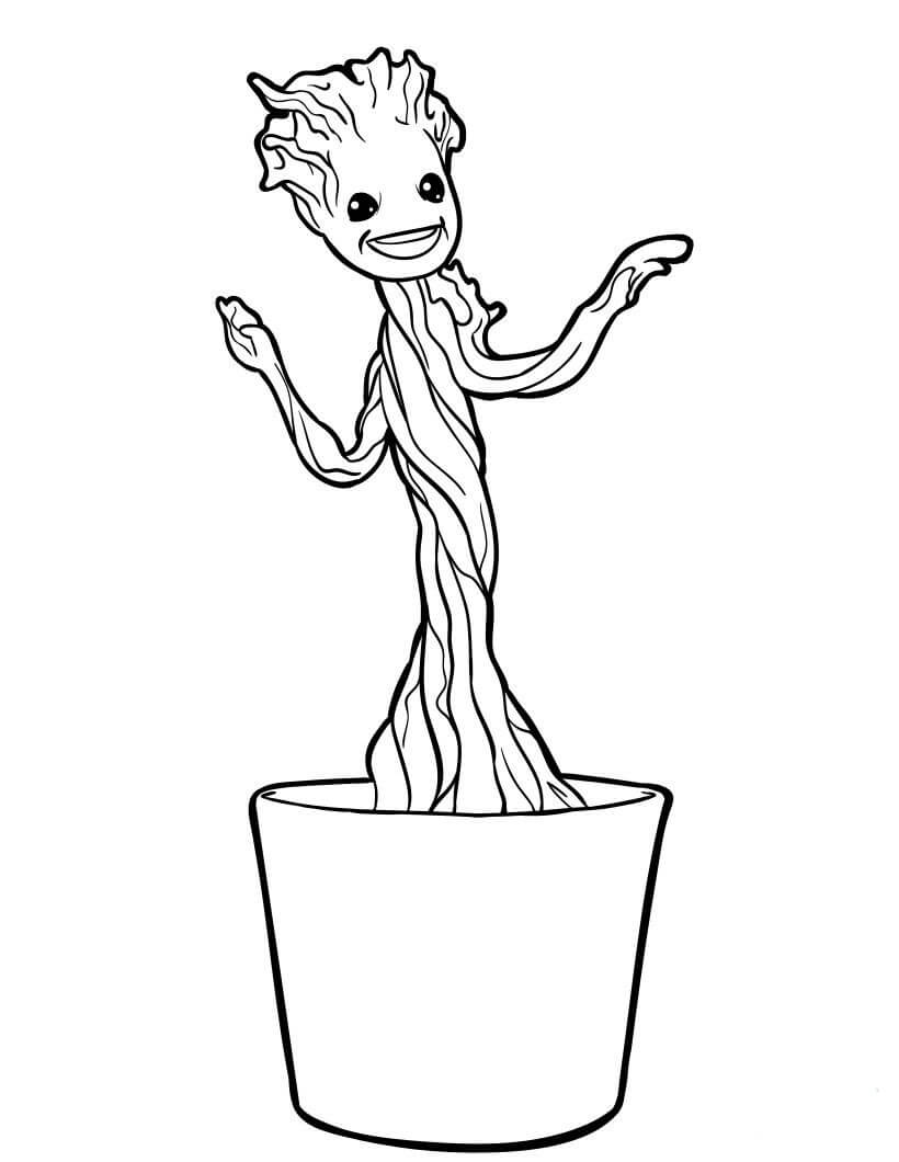 Dibujo de Pequeo Groot en Florero para Colorear