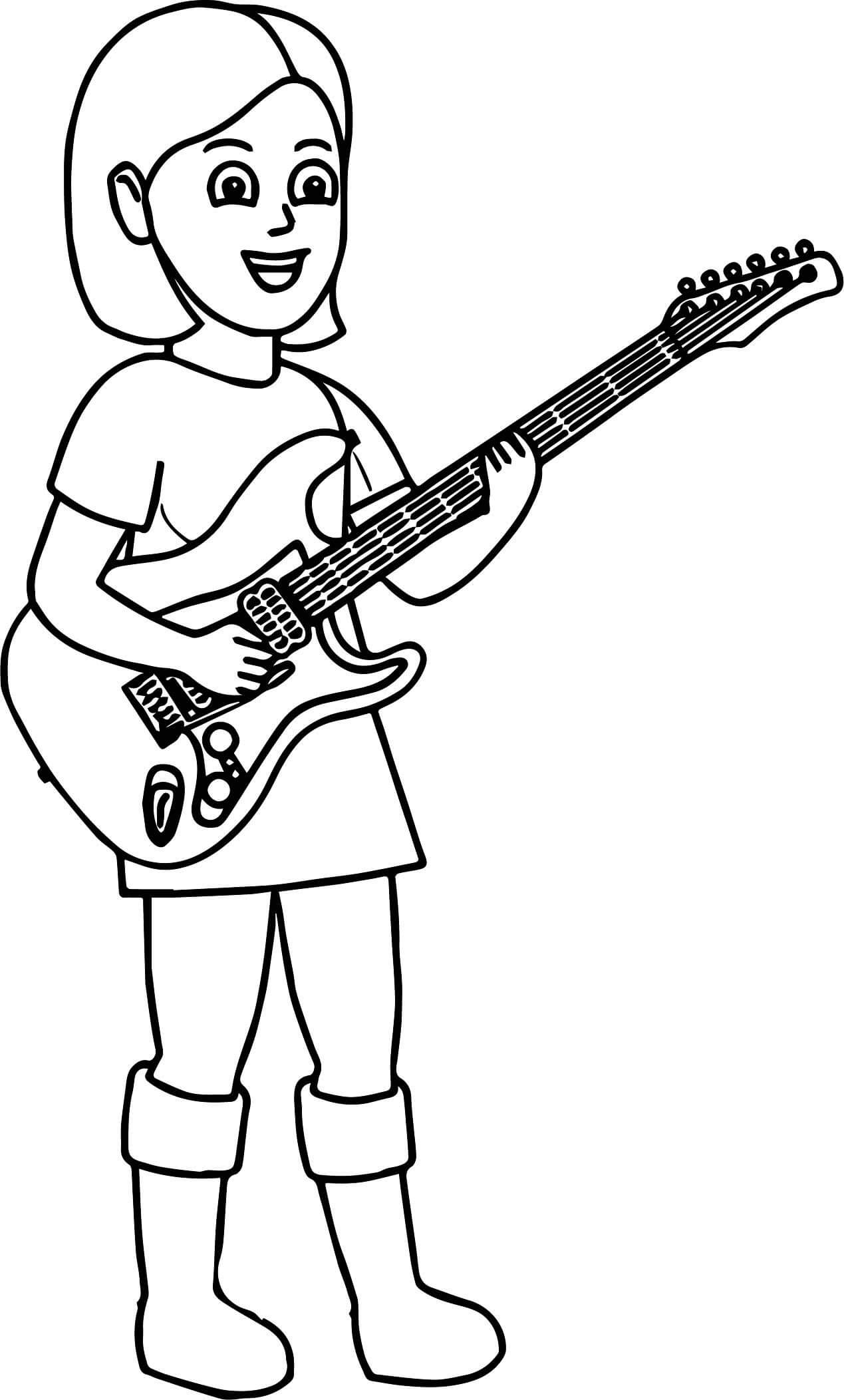 Dibujo de Niña Toca la Guitarra para Colorear