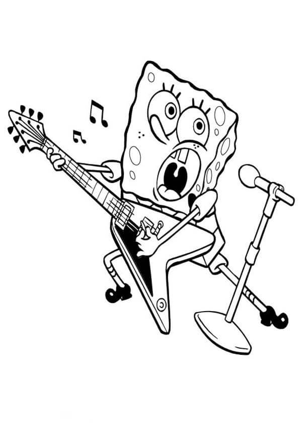 Dibujo de Sponge Bob Esta Tocando la Guitarra y Canta para Colorear