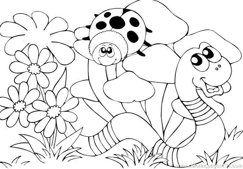Dibujo de Gusanos y Mariquita para Colorear