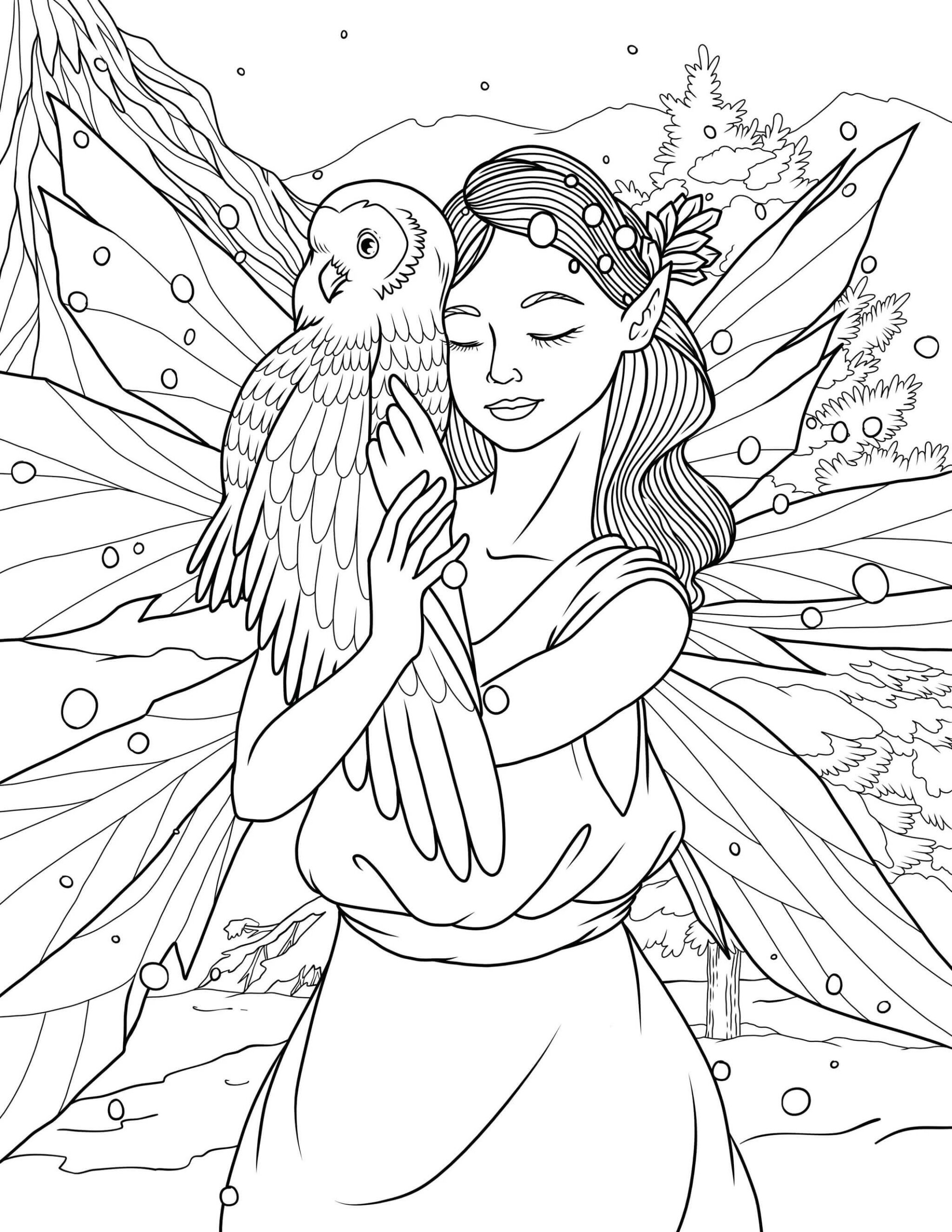 Dibujo de Hada Abrazando a águila para Colorear