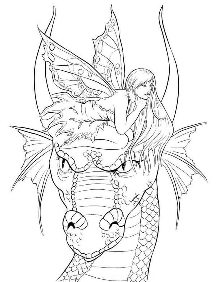 Dibujo de Hada Acostada Sobre la Cabeza del dragón para Colorear