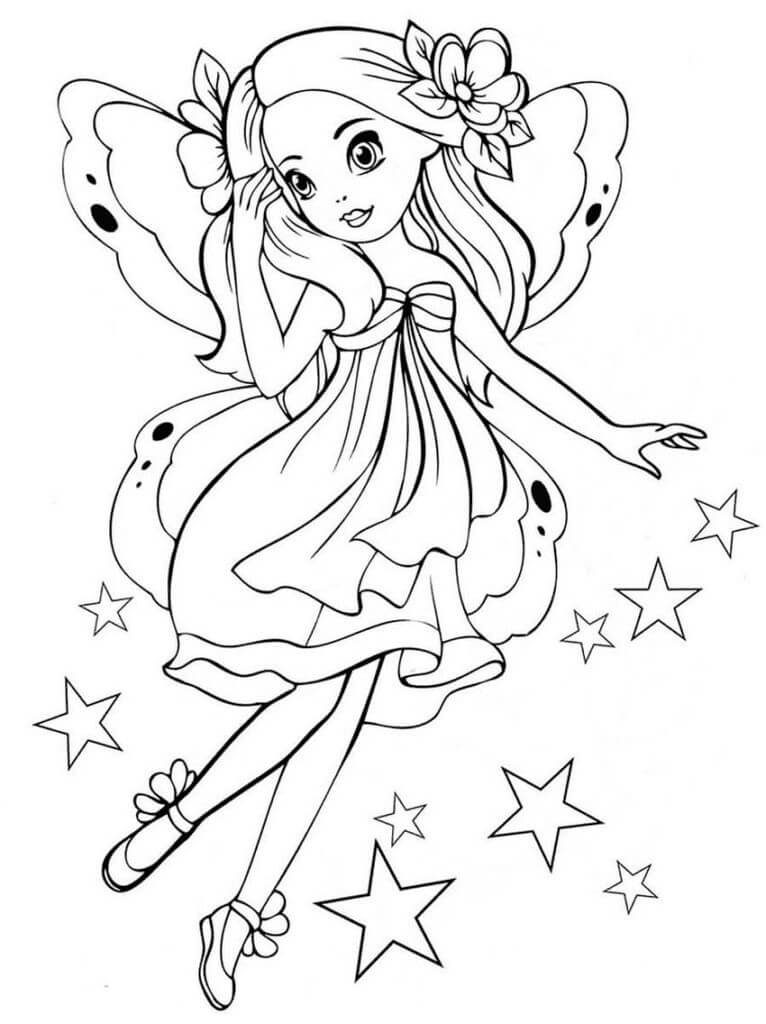 Dibujo de Hada con Estrellas para Colorear
