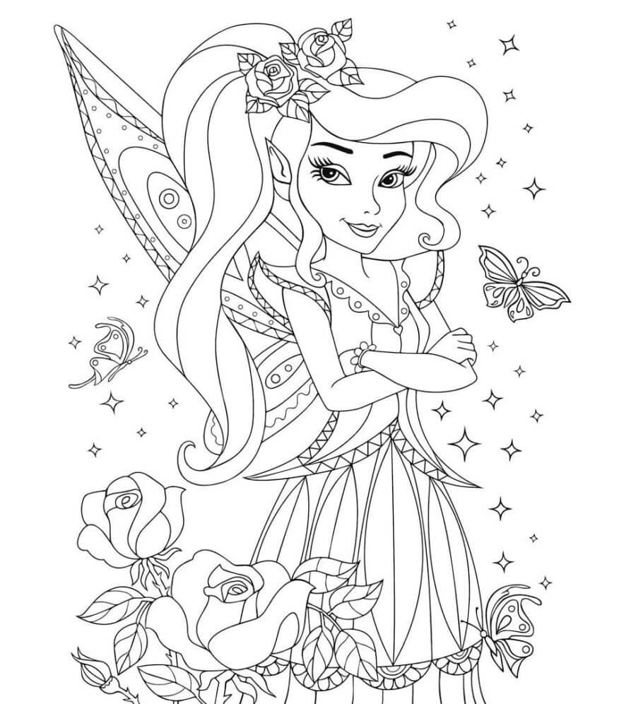 Dibujo de Hada con Mariposas y Rosas para Colorear