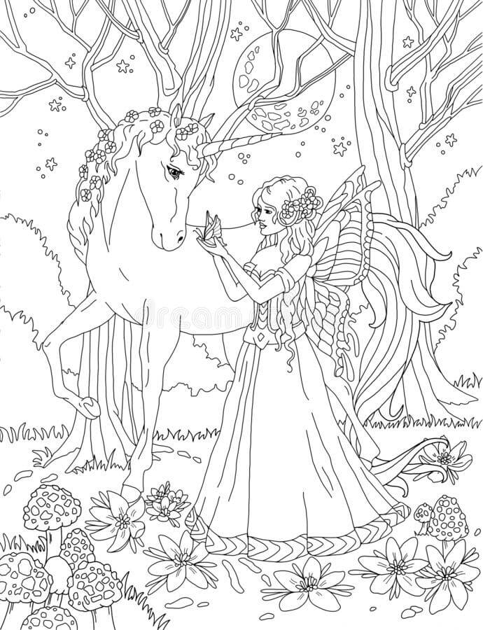 Dibujo de Hada con Unicornio para Colorear