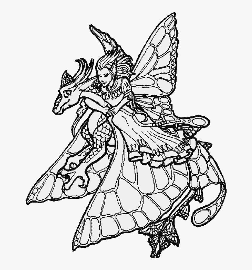 Dibujo de Hada Montando dragón para Colorear