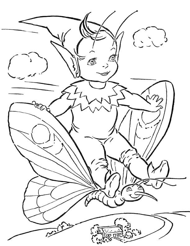 Dibujo de Hada Montando Mariposa para Colorear