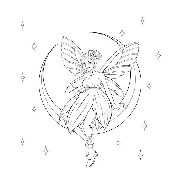 Dibujo de Hada Sentada Sobre la Luna para Colorear