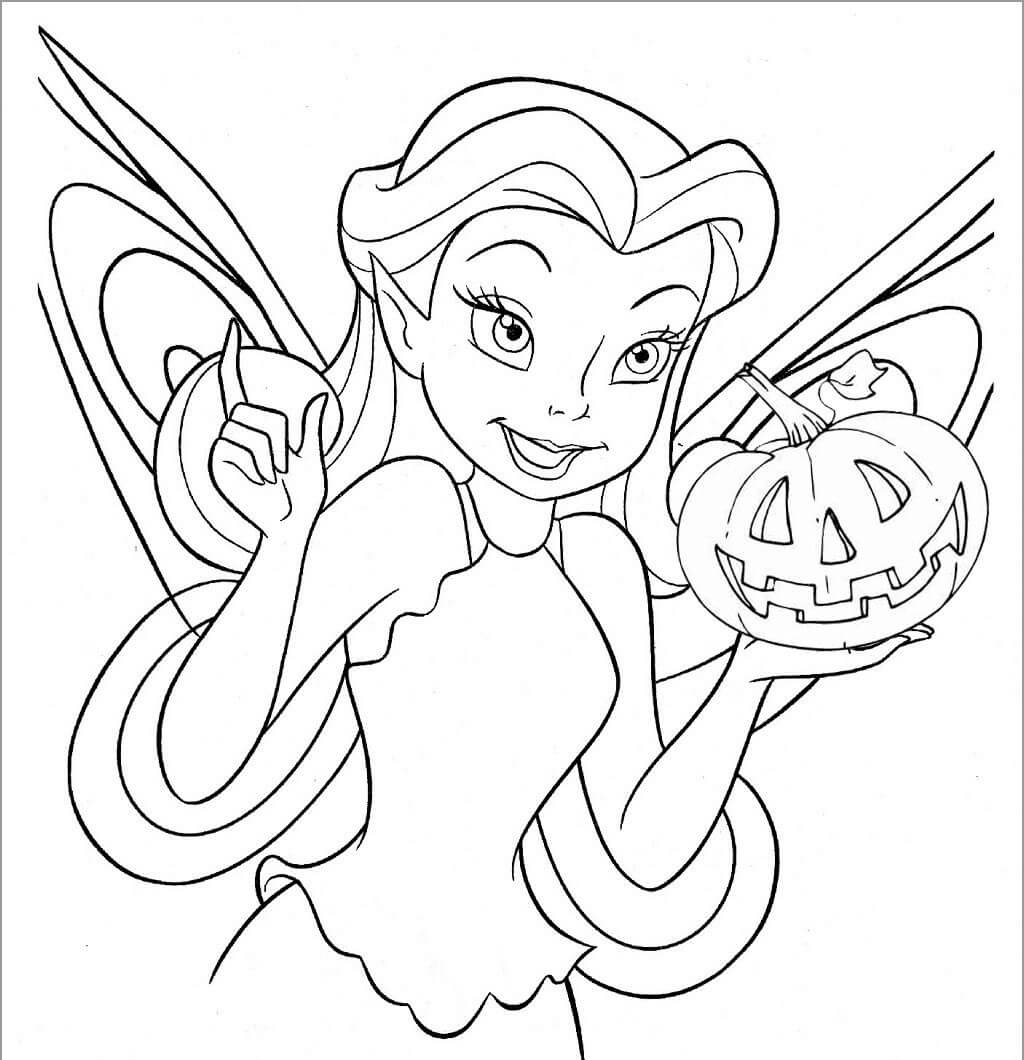 Dibujo de Hada Sosteniendo Calabaza para Colorear