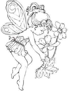 Dibujo de Pequeña Hada Recogiendo Flores para Colorear
