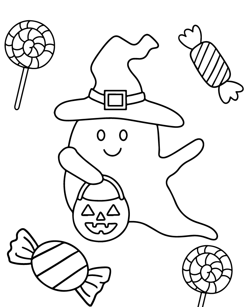 Dibujo de Cute Ghost And Candy Halloween Coloring Page para Colorear