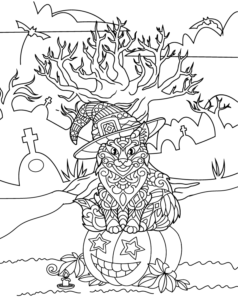Dibujo de Halloween Black Cat Coloring Page For Adults para Colorear