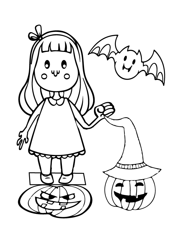 Dibujo de Calabaza y niña Halloween Preescolar página para Colorear