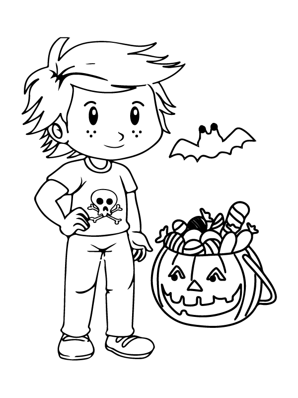 Dibujo de Calabaza y niño Halloween Preescolar página para Colorear