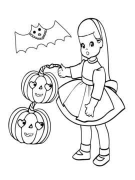 Dibujo de Niña y Calabazas Halloween Preescolar página para Colorear