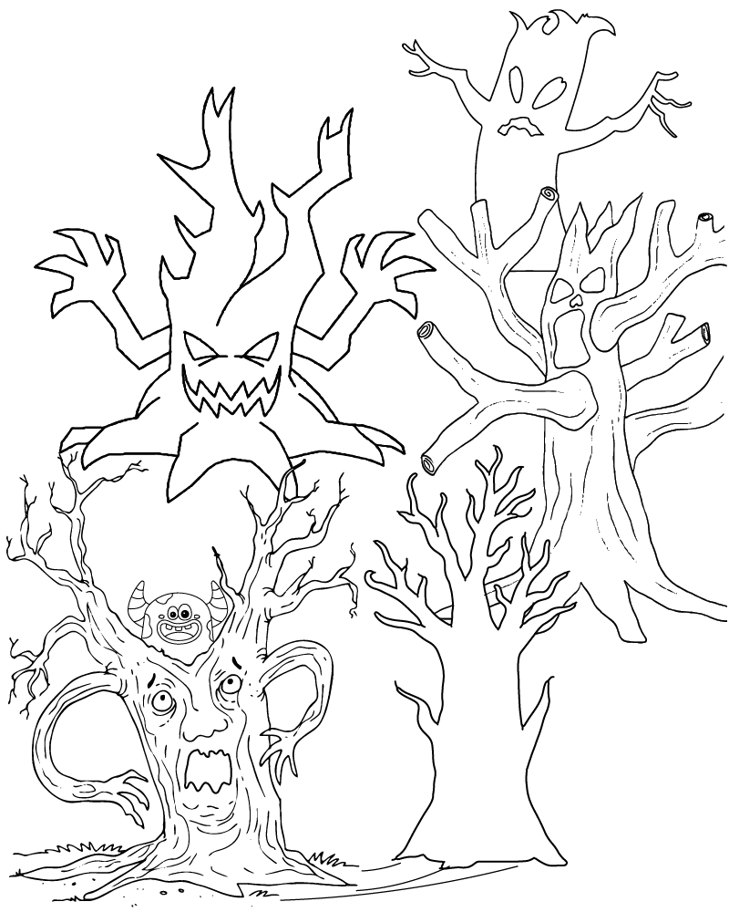 Dibujo de Creepy Haunted Forest Coloring Page 1 para Colorear