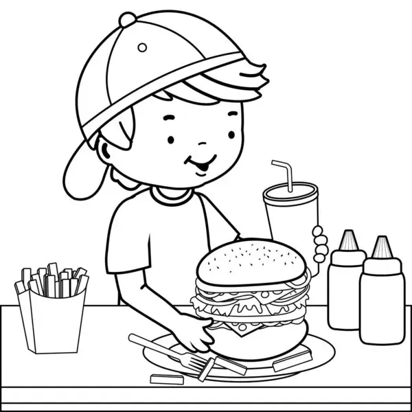Dibujo de Chico con Hamburguesa y Bebidas para Colorear