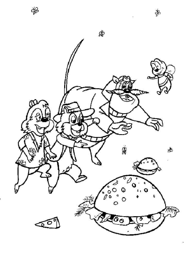 Dibujo de Chip y Dale con Hamburguesa para Colorear