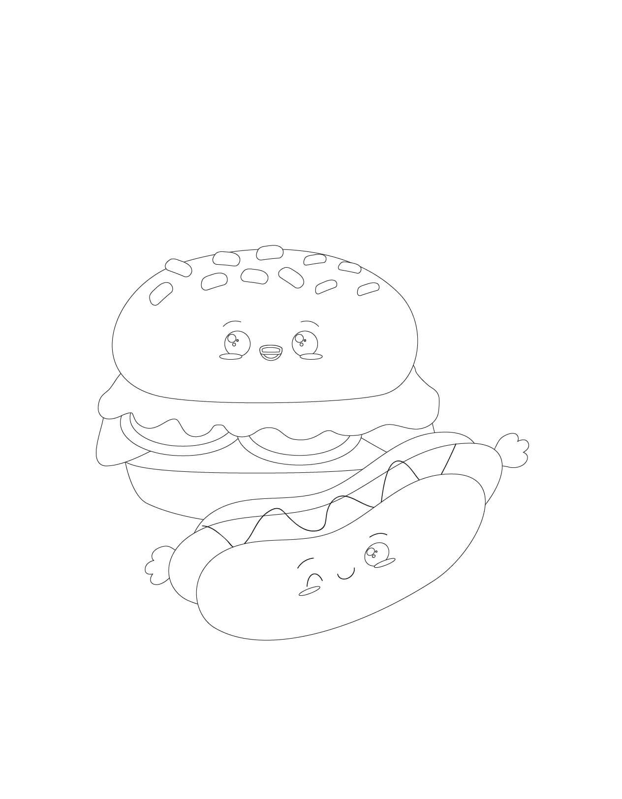 Dibujo de Hamburguesa Chibi y Perrito Caliente Chibi para Colorear