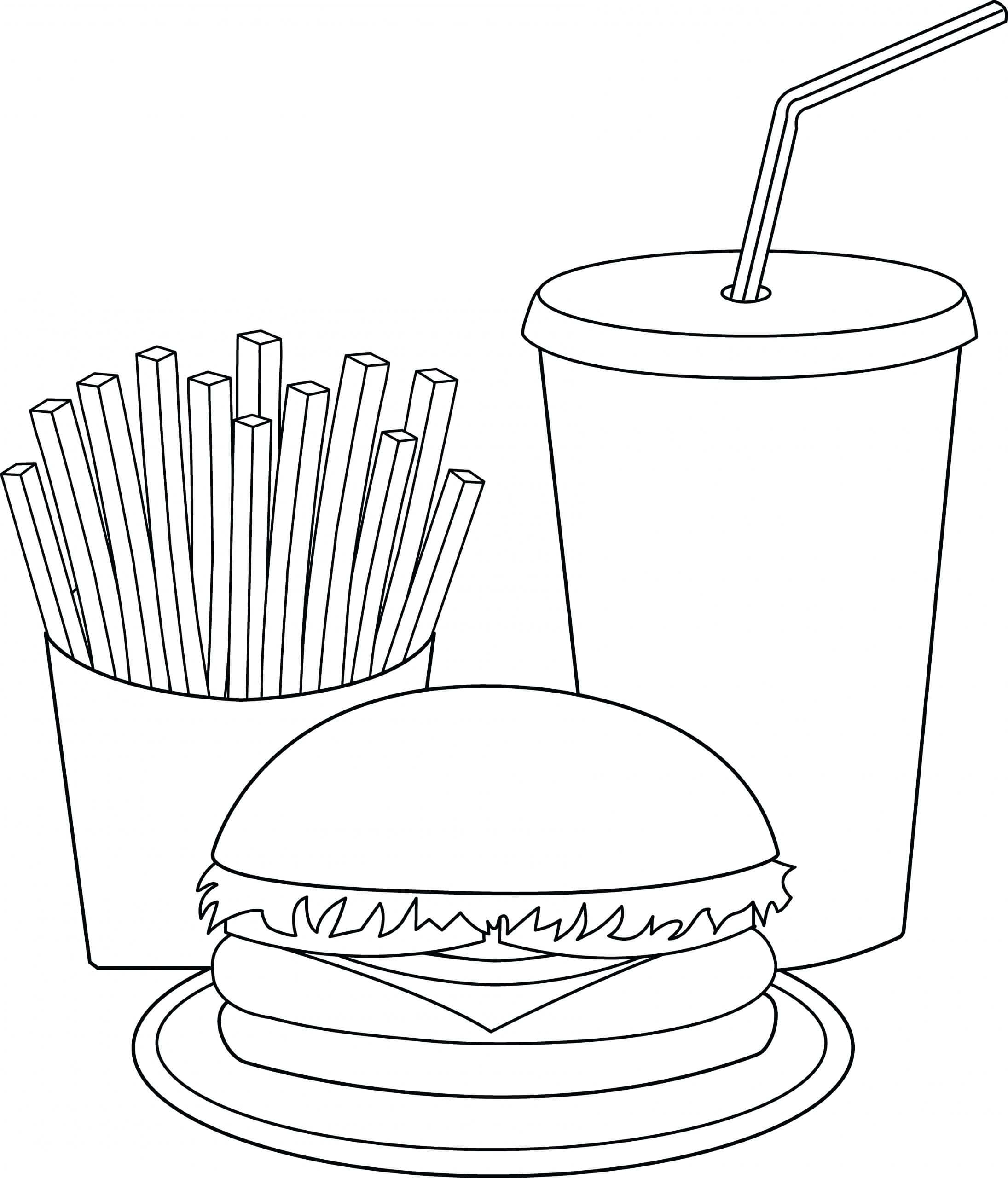 Dibujo de Hamburguesa y Bebida Papas Fritas para Colorear
