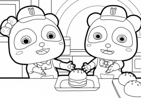 Dibujo de Kiki y Miumiu Comen Hamburguesa para Colorear