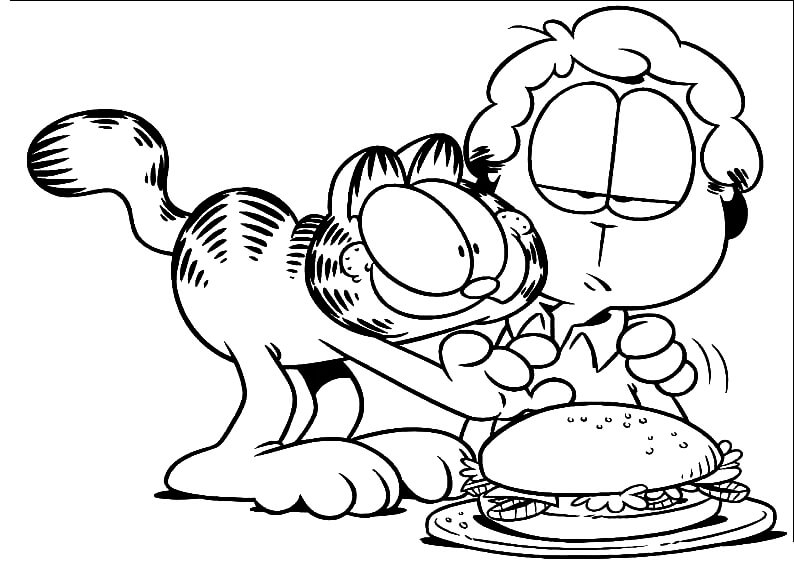 Dibujo de Naughty Garfield y Amigo con Hamburguesa para Colorear