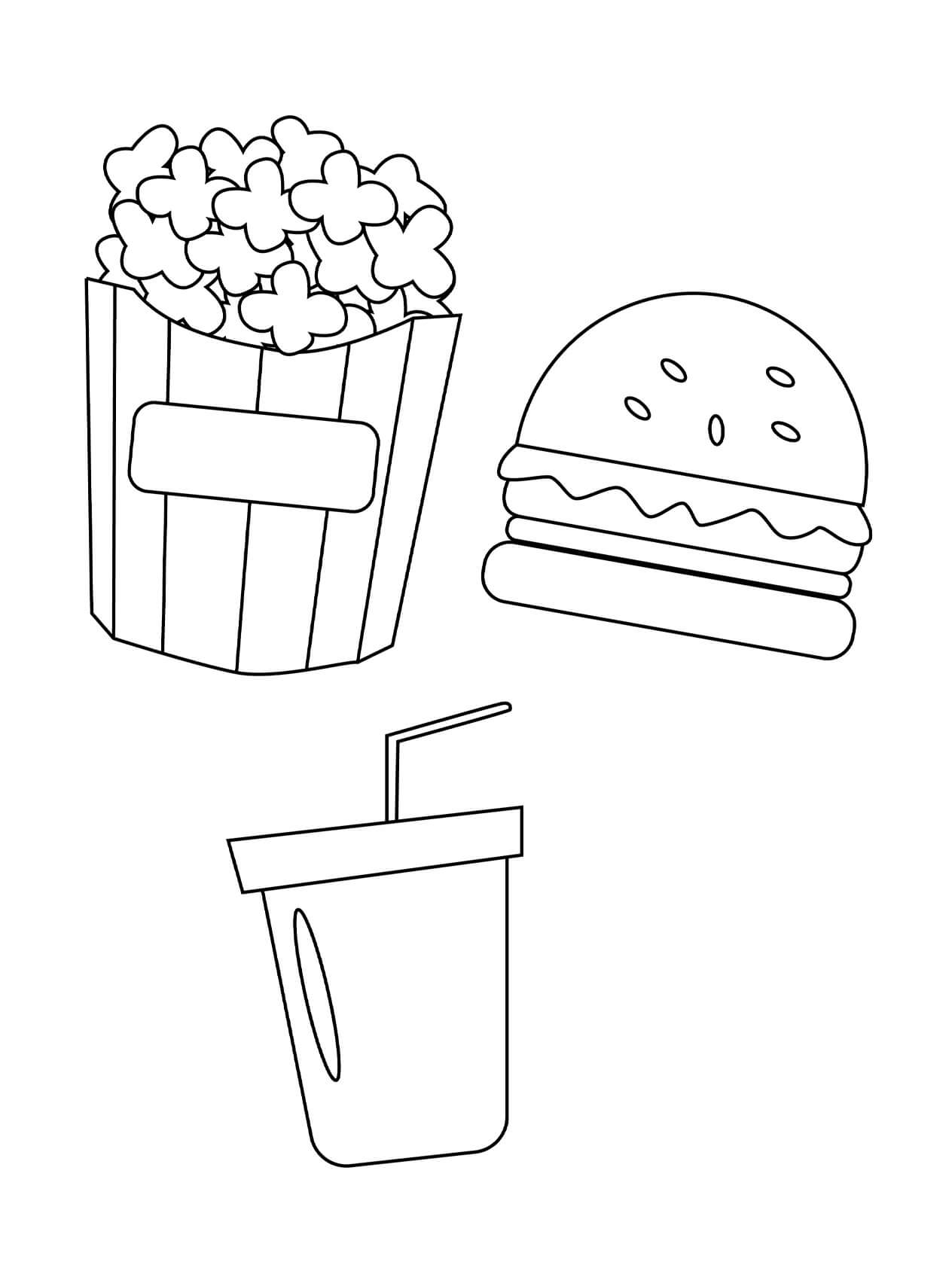 Dibujo de Palomitas Hamburguesa y Coca Cola para Colorear