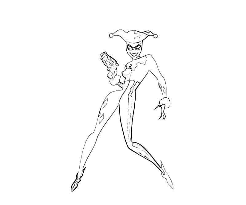 Dibujo de Diversion Harley Quinn con Pistola para Colorear