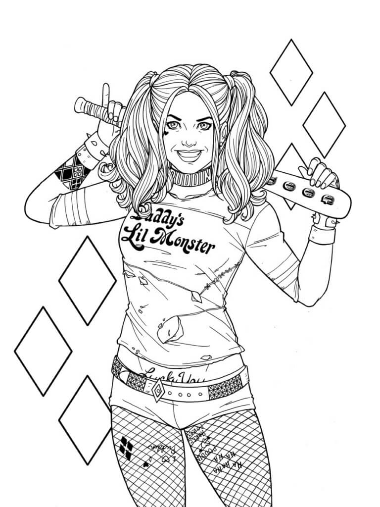 Dibujo de Divertida Harley Quinn con un Bate de béisbol para Colorear