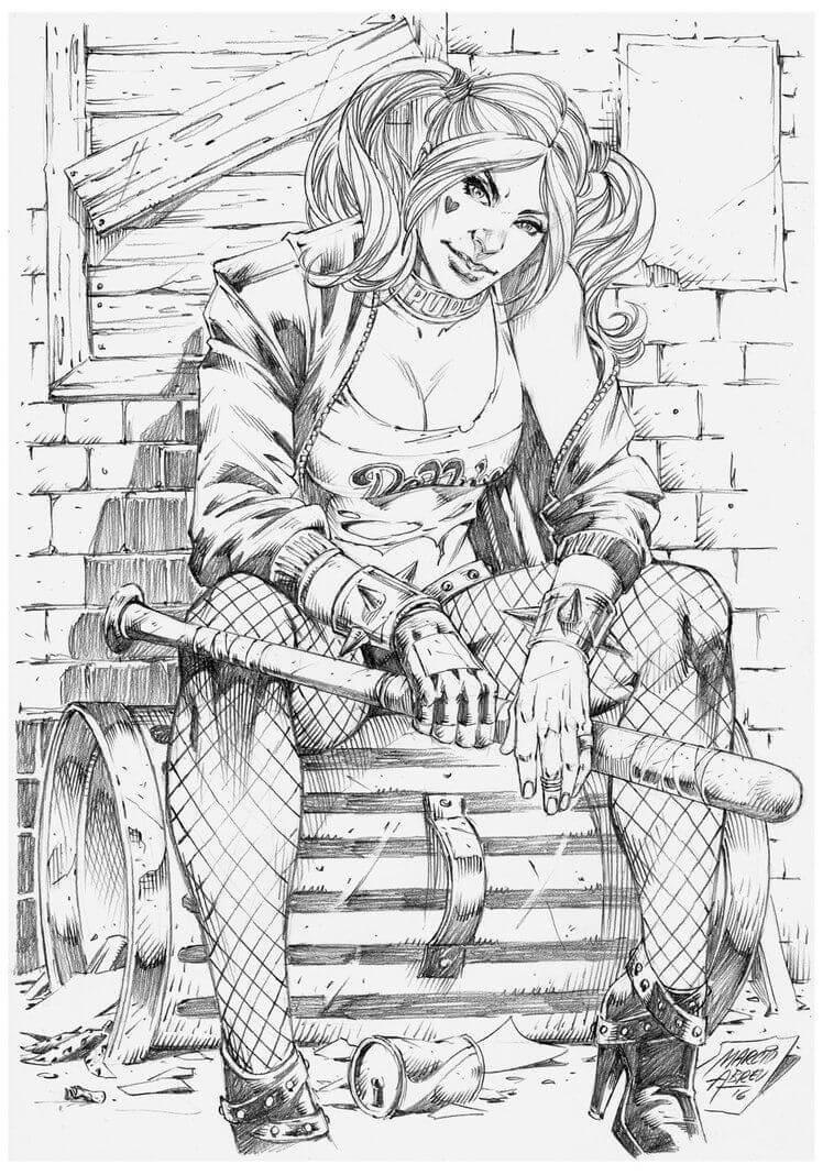 Dibujo de Genial Harley Quinn Sentada para Colorear