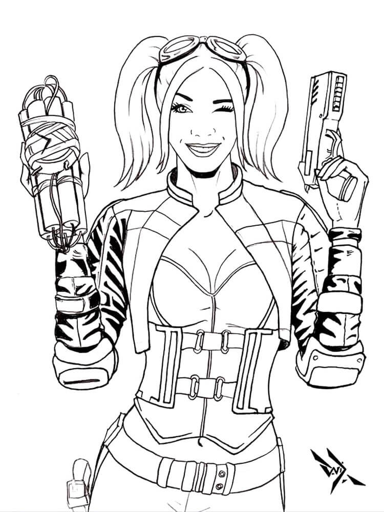 Dibujo de Harley Quinn con Dos Pistolas para Colorear