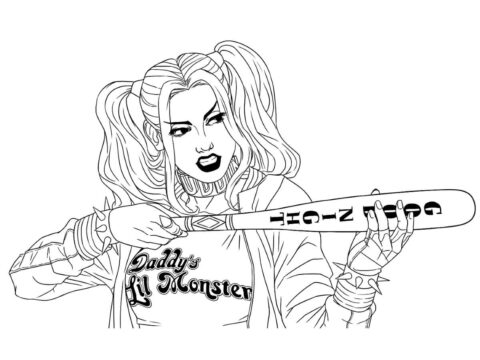 Dibujo de Harley Quinn Sosteniendo un Bate de béisbol para Colorear
