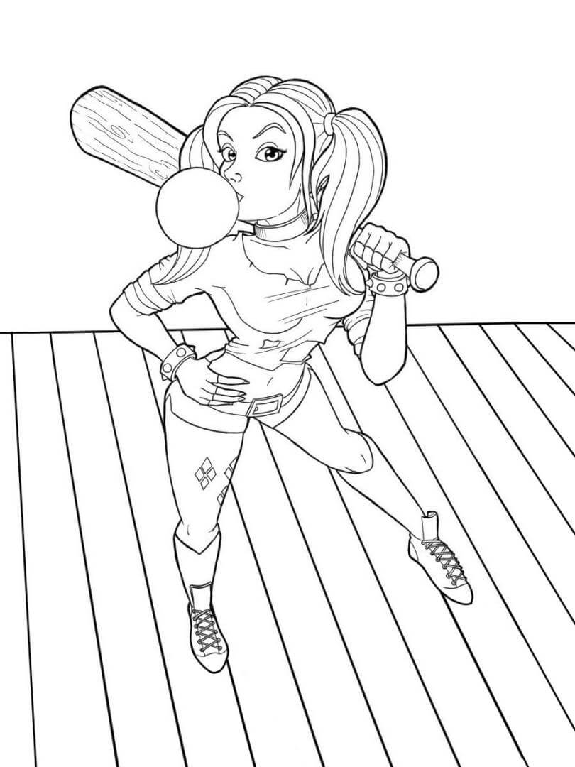 Dibujo de Linda Harley Quinn Sosteniendo un Bate de béisbol para Colorear