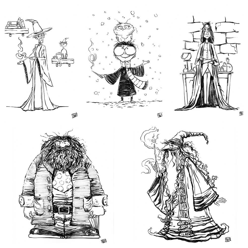 Dibujo de Cinco Personajes de Harry Potter para Colorear