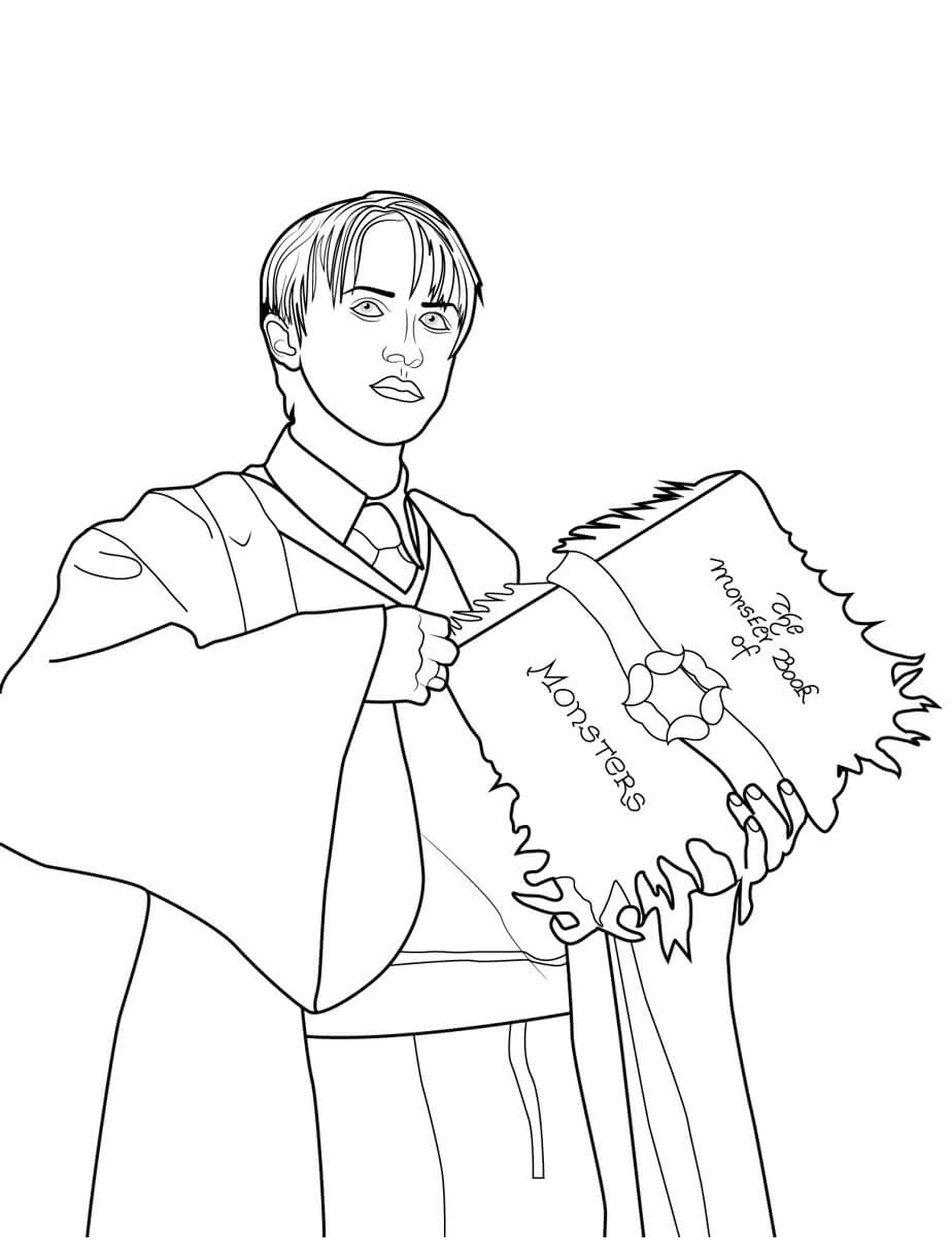 Dibujo de Draco Malfoy Sosteniendo un Libro para Colorear