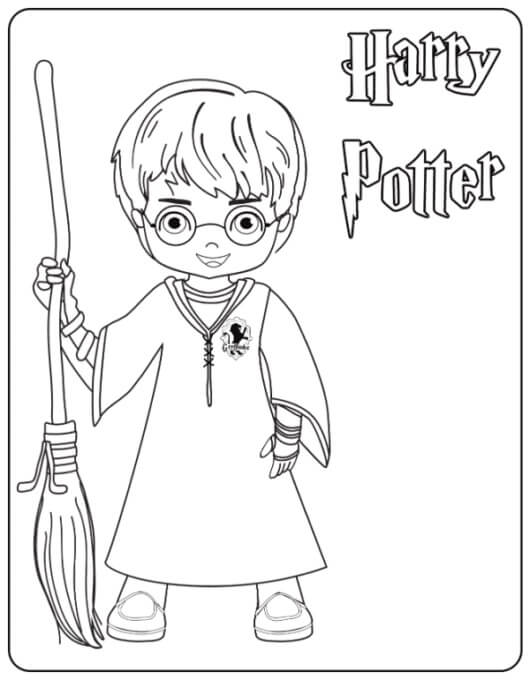 Dibujo de Harry Potter Sosteniendo una Escoba Voladora para Colorear