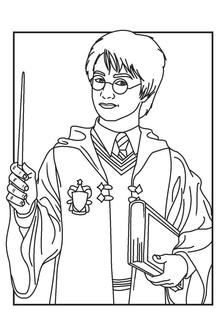 Dibujo de Harry Potter Sosteniendo una Varita y un Libro para Colorear