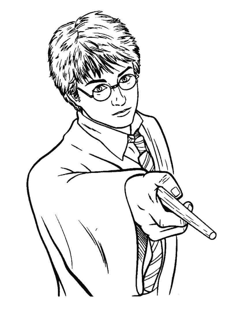 Dibujo de Harry Potter Sosteniendo una Varita para Colorear