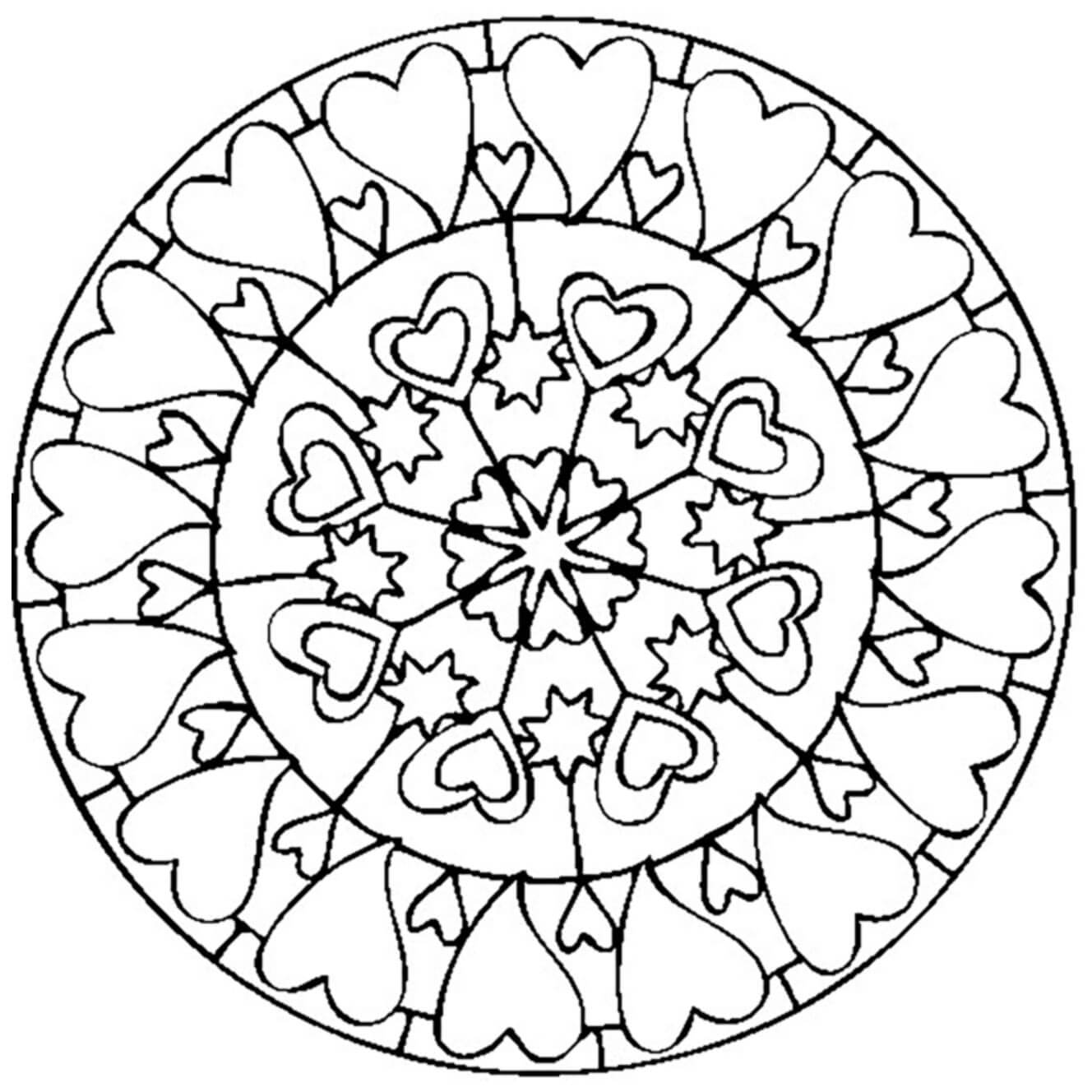 Dibujo de Mandala de Corazn Simple en Crculo para Colorear