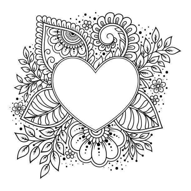 Dibujo de Mandala de Corazn con Hojas para Colorear