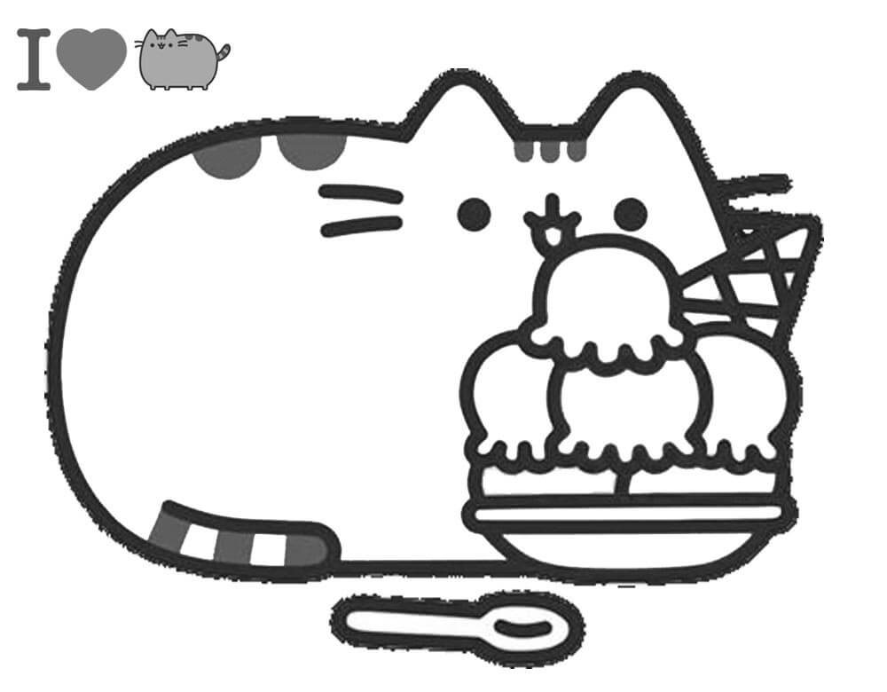 Dibujo de Pusheen Lindo con Helado para Colorear
