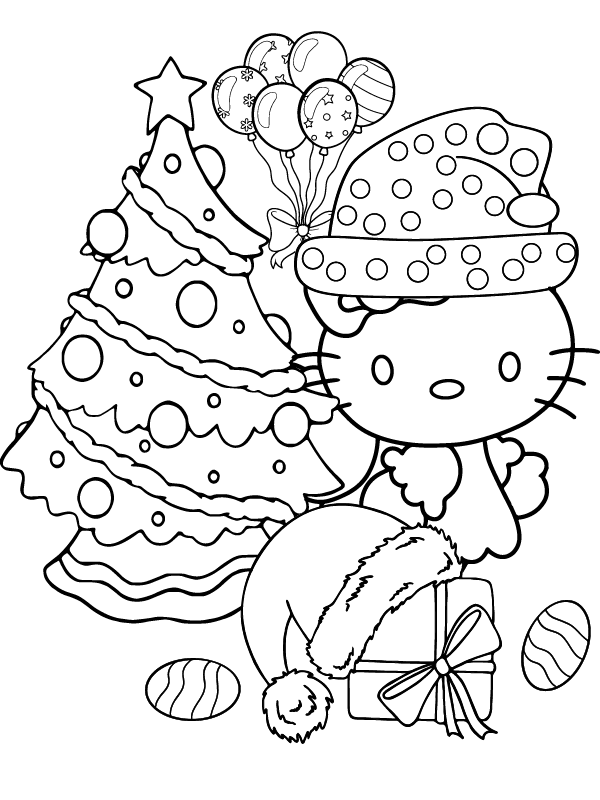 Dibujo de Christmas Tree And Hello Kitty Coloring Page para Colorear