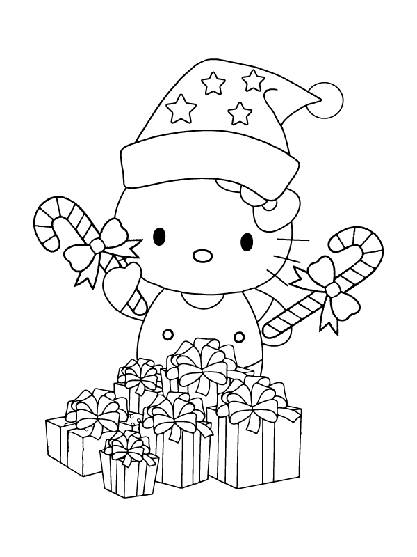 Dibujo de Hello Kitty Christmas Holding Canes Coloring Page para Colorear