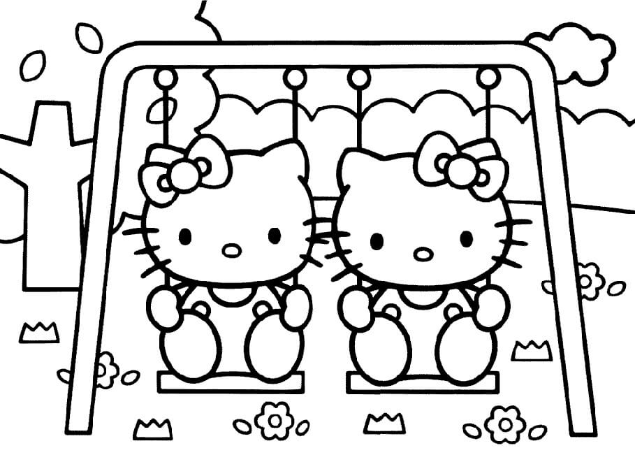 Dibujo de Bebé Hello Kitty Juega en los Columpios para Colorear