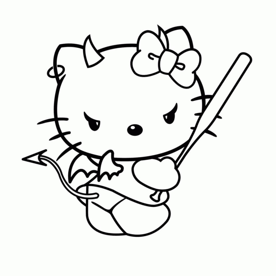 Dibujo de Diablo de Hello Kitty Sosteniendo un Bate de béisbol para Colorear