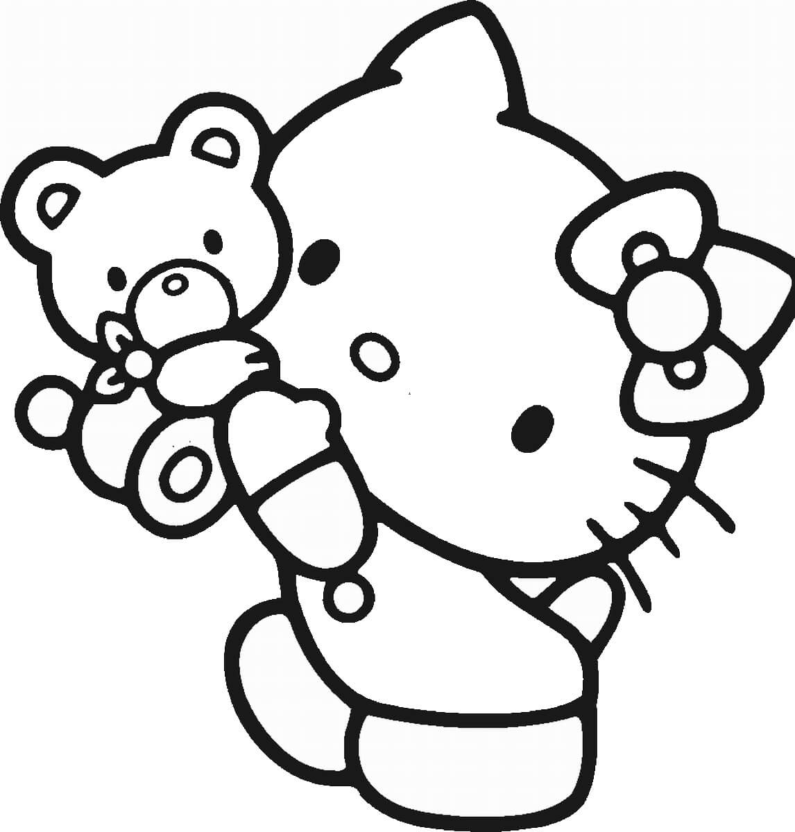 Dibujo de Hello Kitty con Oso de Peluche para Colorear