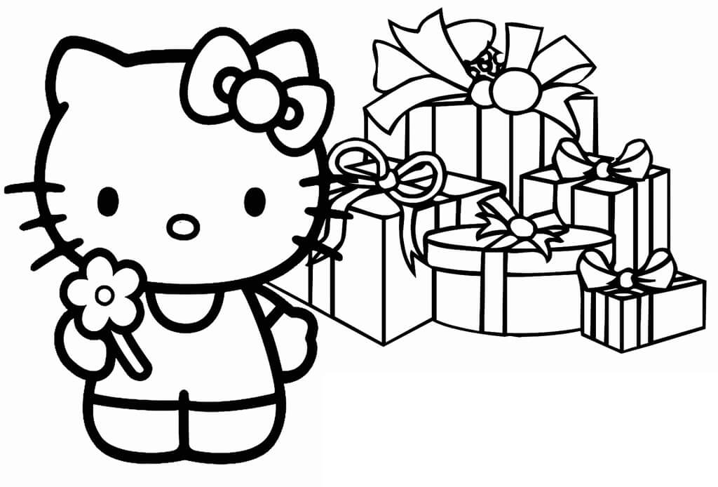 Dibujo de Hello Kitty con Cajas de Regalo para Colorear